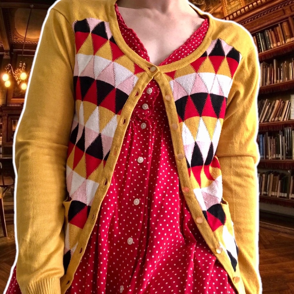 Dancing Days by Banned Saffron Button Cardigan with Red and Pink Argyle